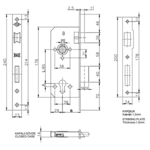 Serrure encastrable152R 4585 BR Trou Satiné S/Cylindre KALE KILIT